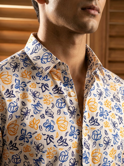 Off White Flower Printed Full Sleeve Shirt