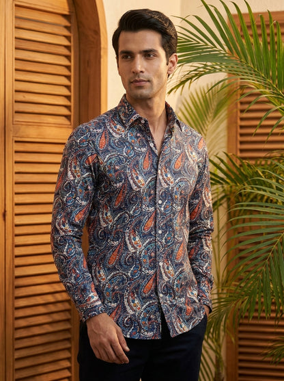 Navy Blue Paisley Printed Full Sleeve Shirt