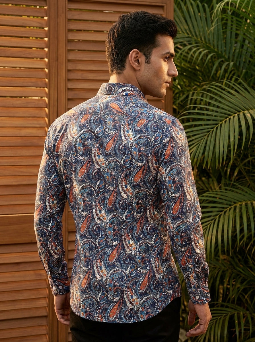 Navy Blue Paisley Printed Full Sleeve Shirt