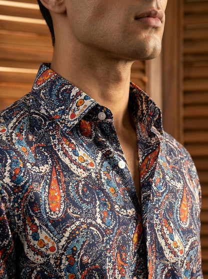 Navy Blue Paisley Printed Full Sleeve Shirt