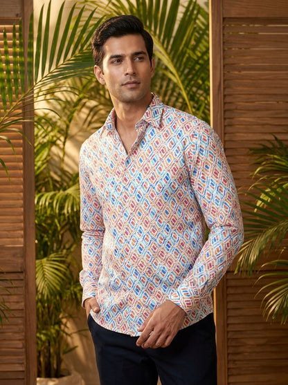 Orange Ikkat Printed Full Sleeve Shirt