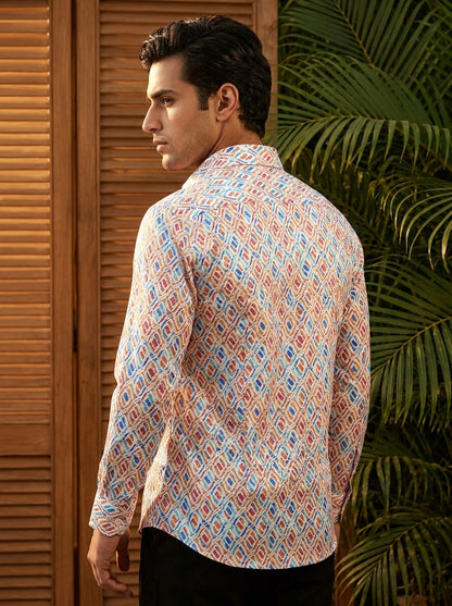 Orange Ikkat Printed Full Sleeve Shirt