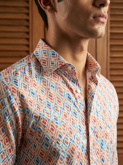 Orange Ikkat Printed Full Sleeve Shirt