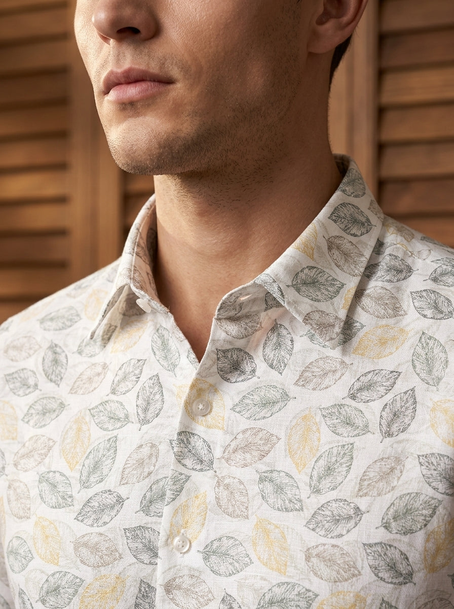 White Leaf Printed Full Sleeve Shirt