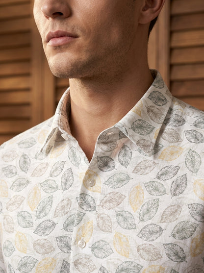 White Leaf Printed Full Sleeve Shirt