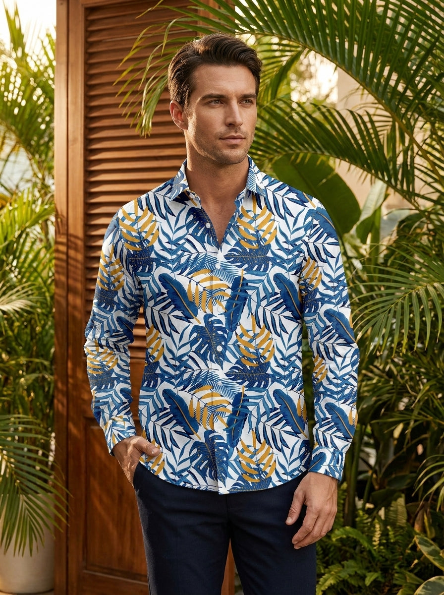 Blue Leaf Printed Full Sleeve Shirt