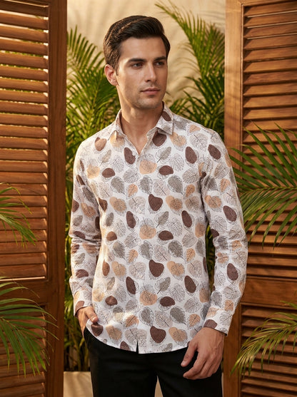 Brown Leaf Printed Full Sleeve Shirt