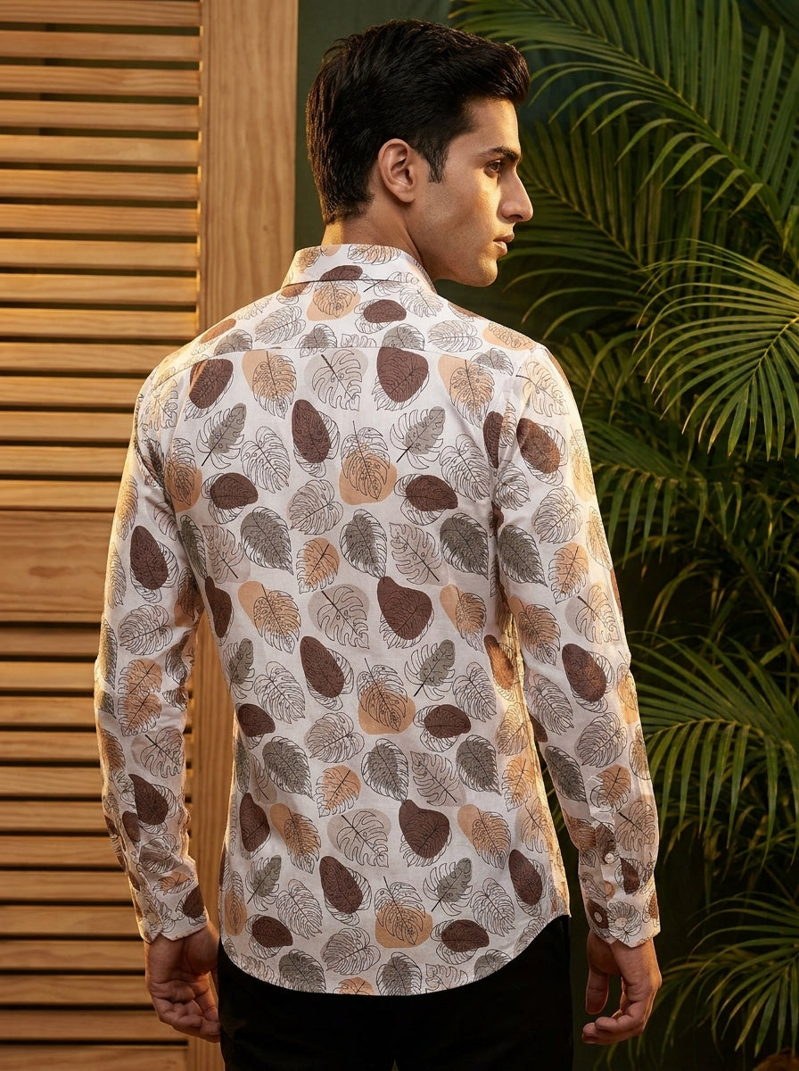Brown Leaf Printed Full Sleeve Shirt
