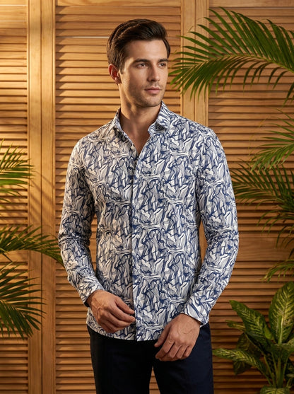 Navy Blue Wave Printed Full Sleeve Shirt