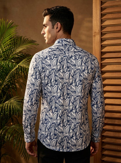 Navy Blue Wave Printed Full Sleeve Shirt