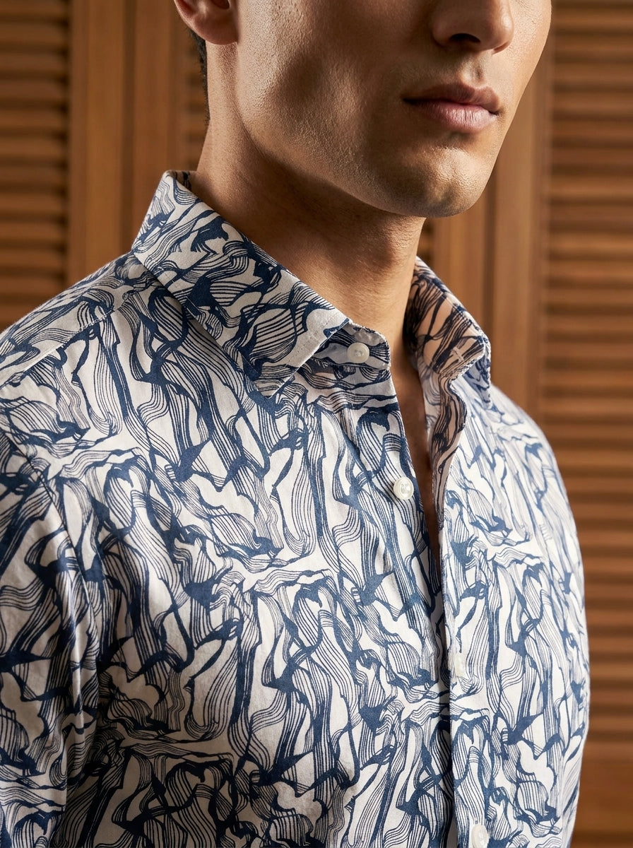 Navy Blue Wave Printed Full Sleeve Shirt