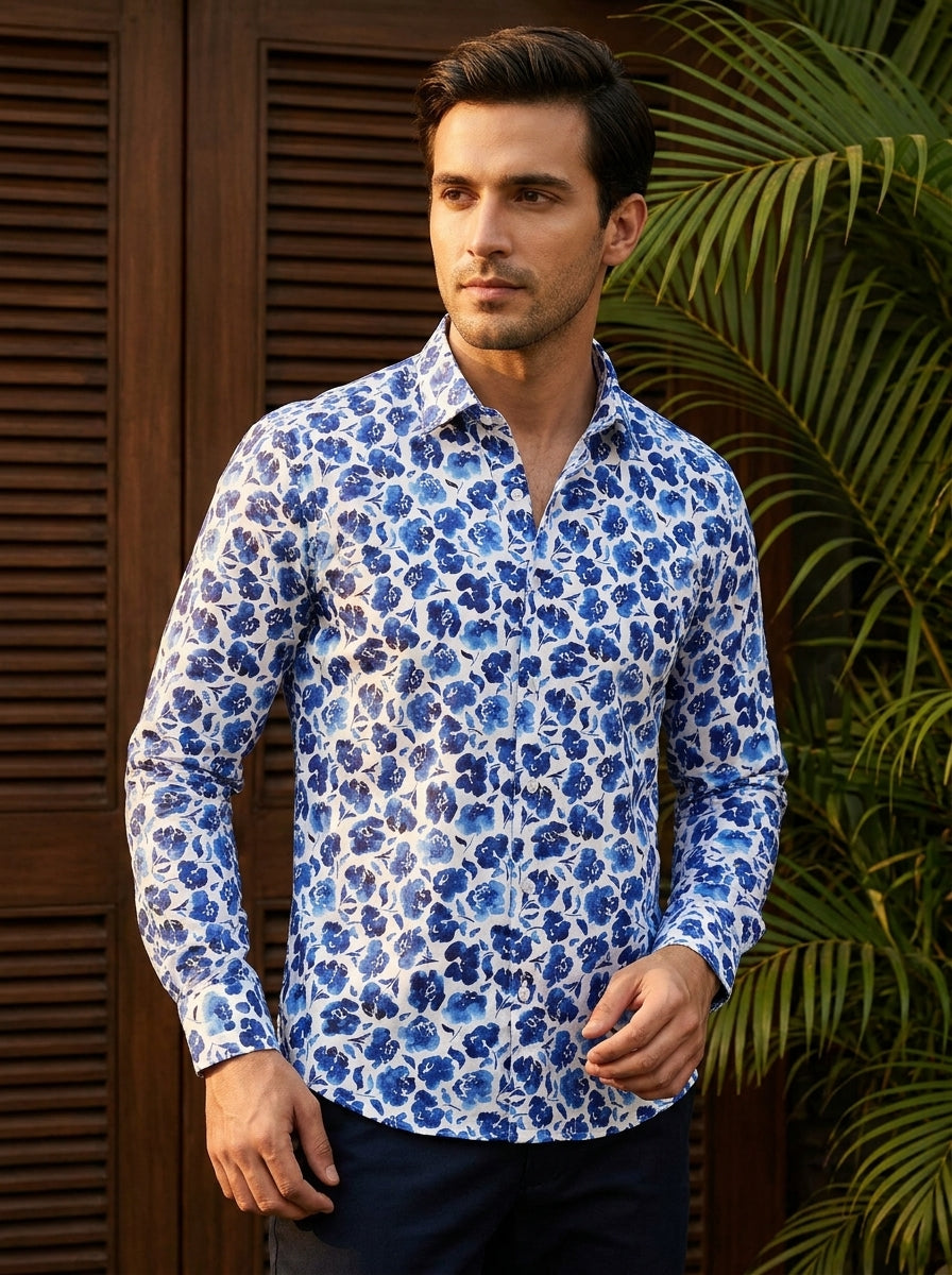 Royal Blue Flower Printed Full Sleeve Shirt