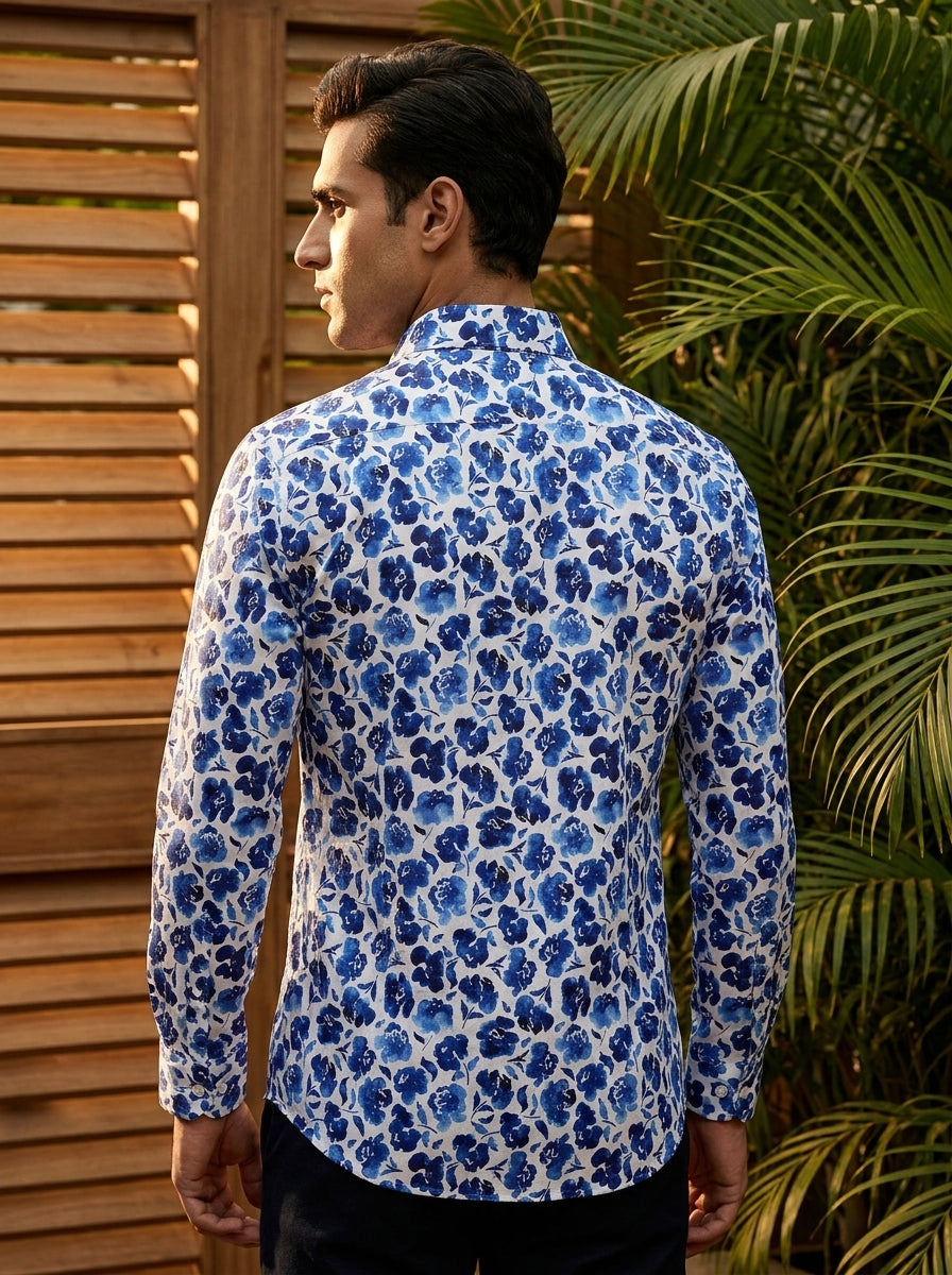 Royal Blue Flower Printed Full Sleeve Shirt