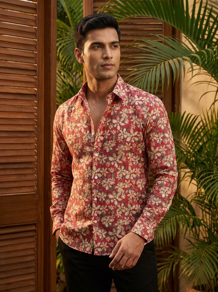 Red Flower Printed Full Sleeve Shirt