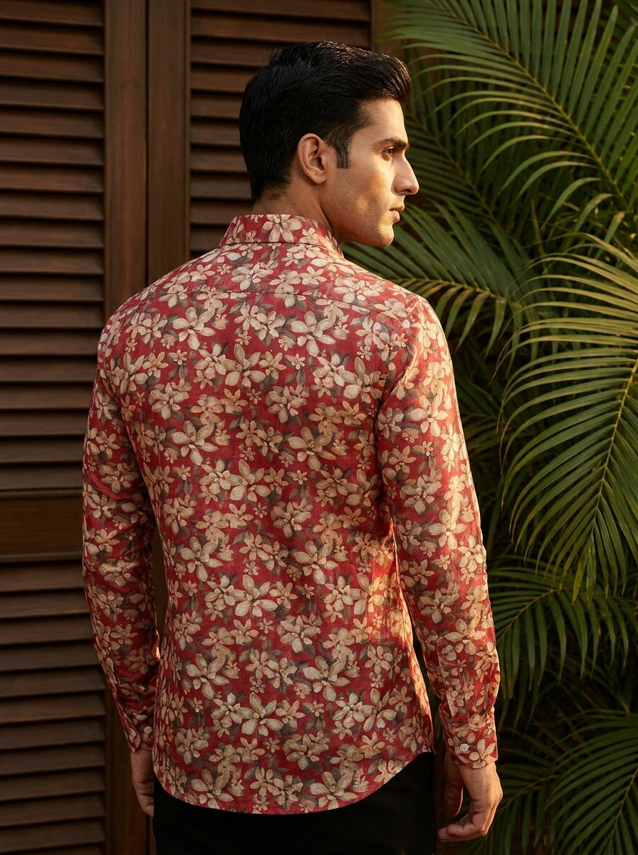 Red Flower Printed Full Sleeve Shirt
