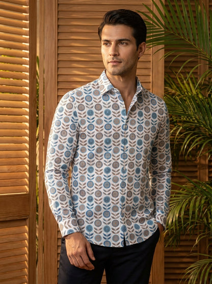White Flower Printed Full Sleeve Shirt