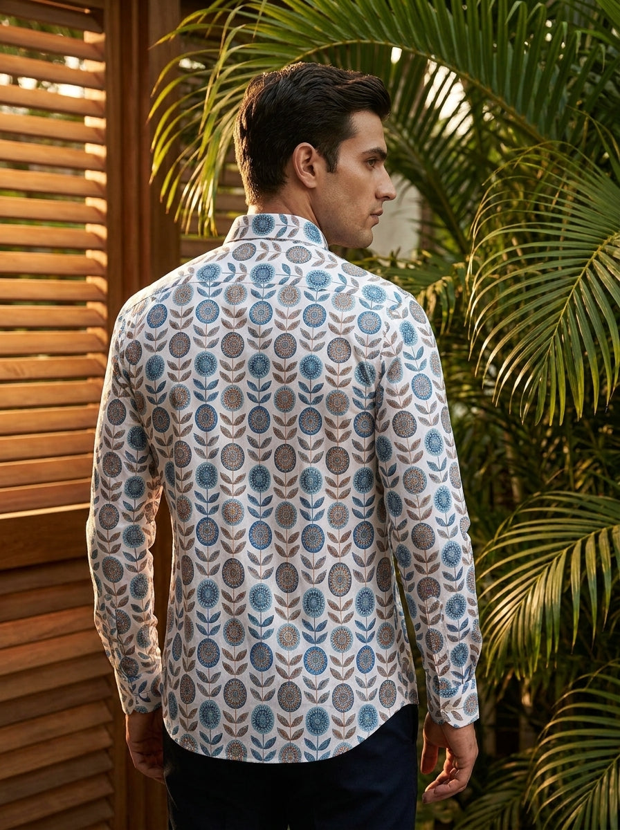White Flower Printed Full Sleeve Shirt