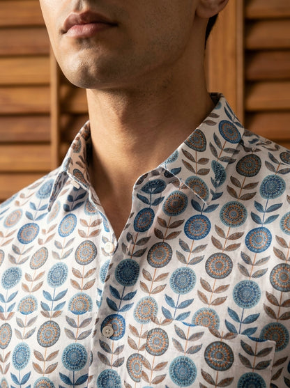 White Flower Printed Full Sleeve Shirt