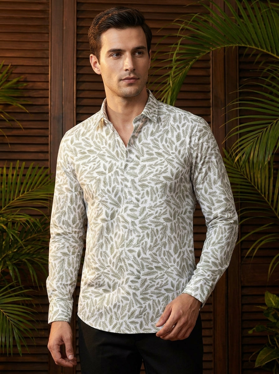 Green Leaf Printed Full Sleeve Shirt