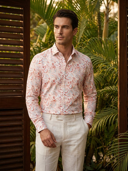 White And Pink Paisley Printed Full Sleeve Shirt