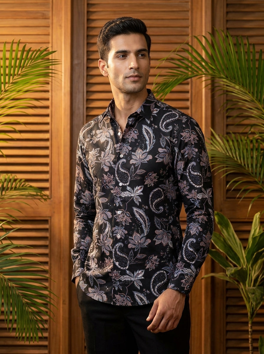 Black Flower Printed Full Sleeve Shirt