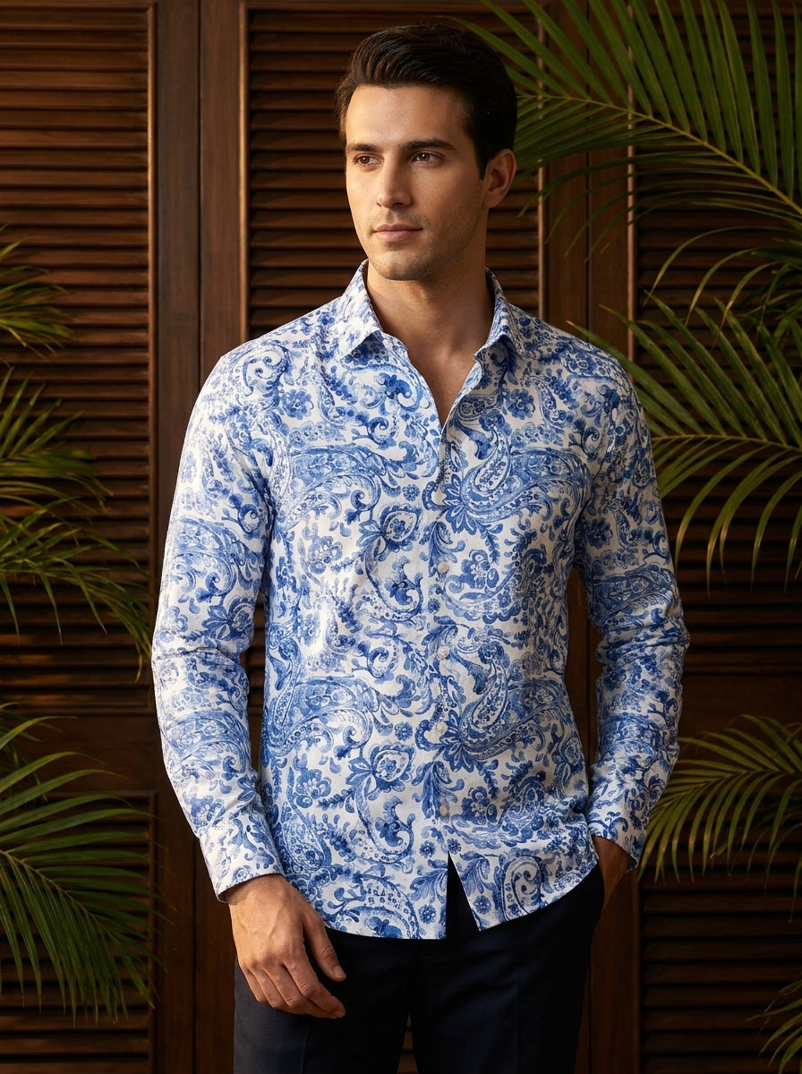 White And Blue Paisley Printed Full Sleeve Shirt