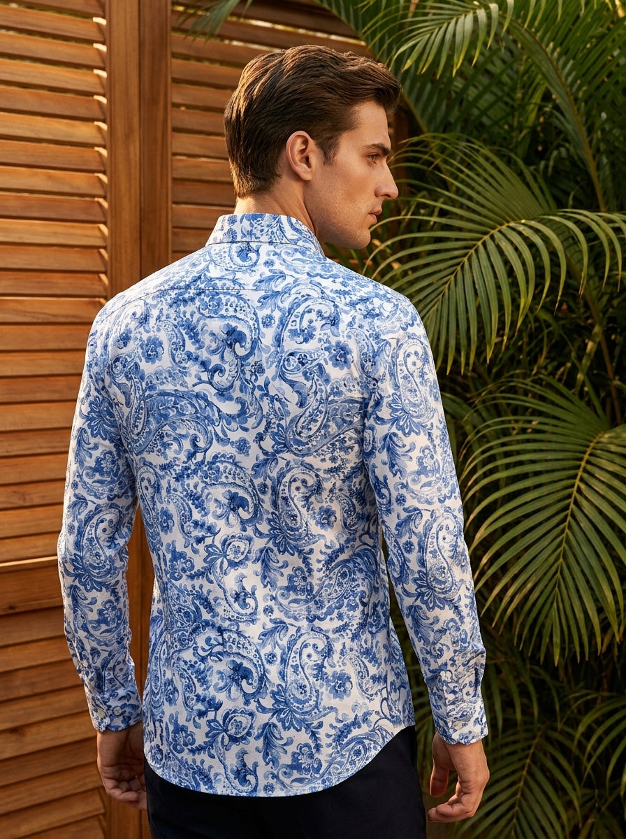 White And Blue Paisley Printed Full Sleeve Shirt