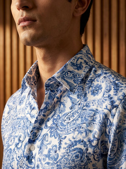 White And Blue Paisley Printed Full Sleeve Shirt