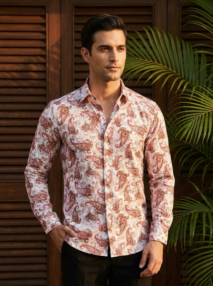 Cream And Red Paisley Printed Full Sleeve Shirt
