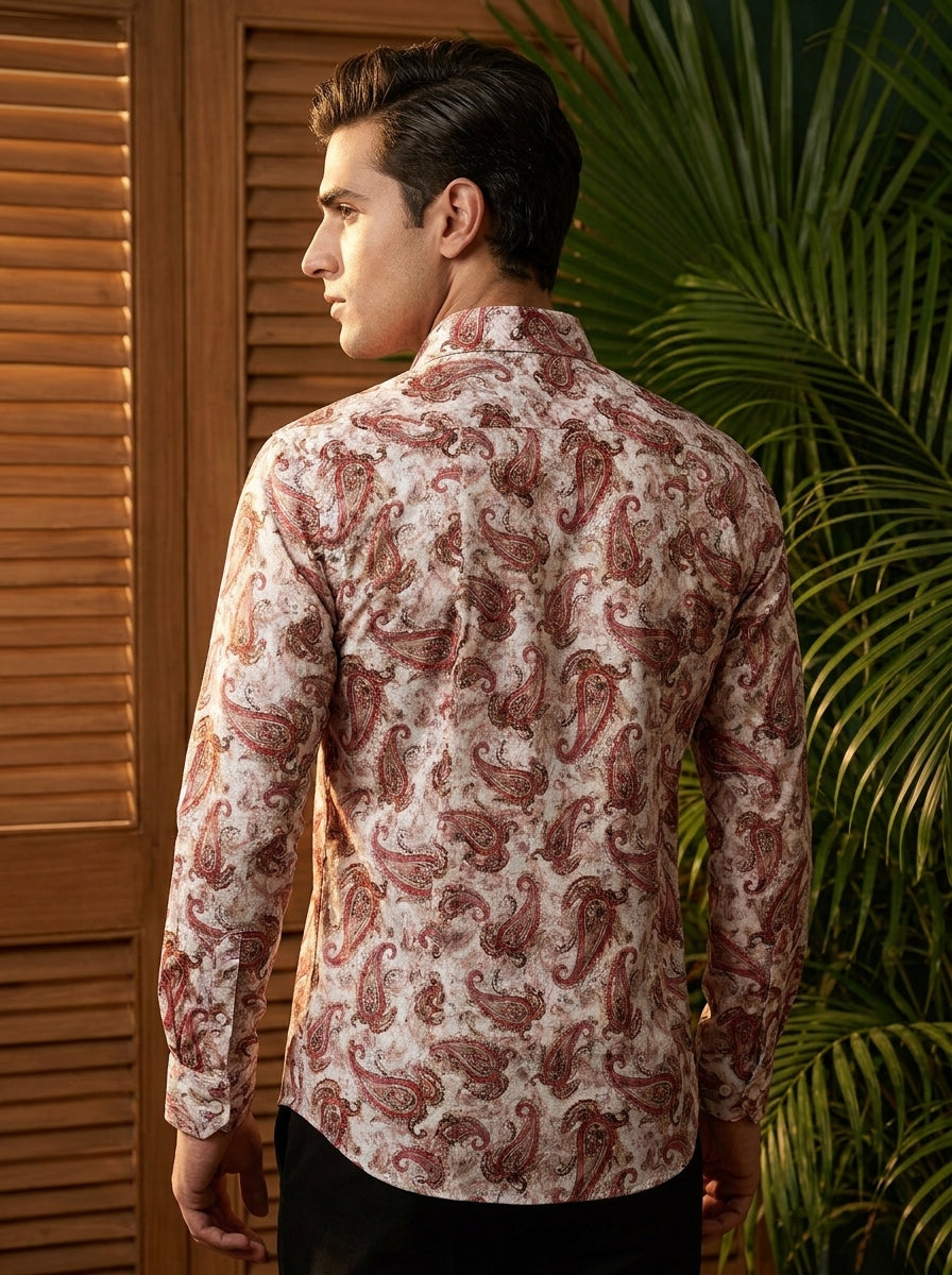 Cream And Red Paisley Printed Full Sleeve Shirt