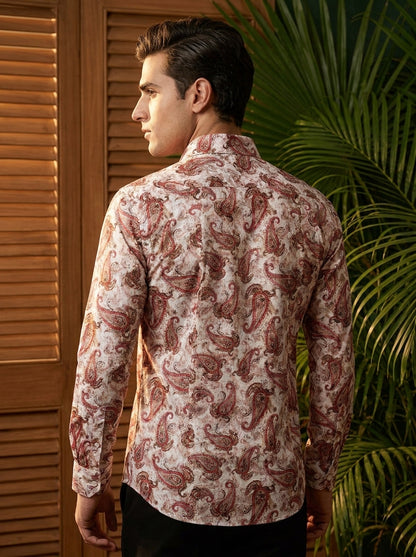 Cream And Red Paisley Printed Full Sleeve Shirt