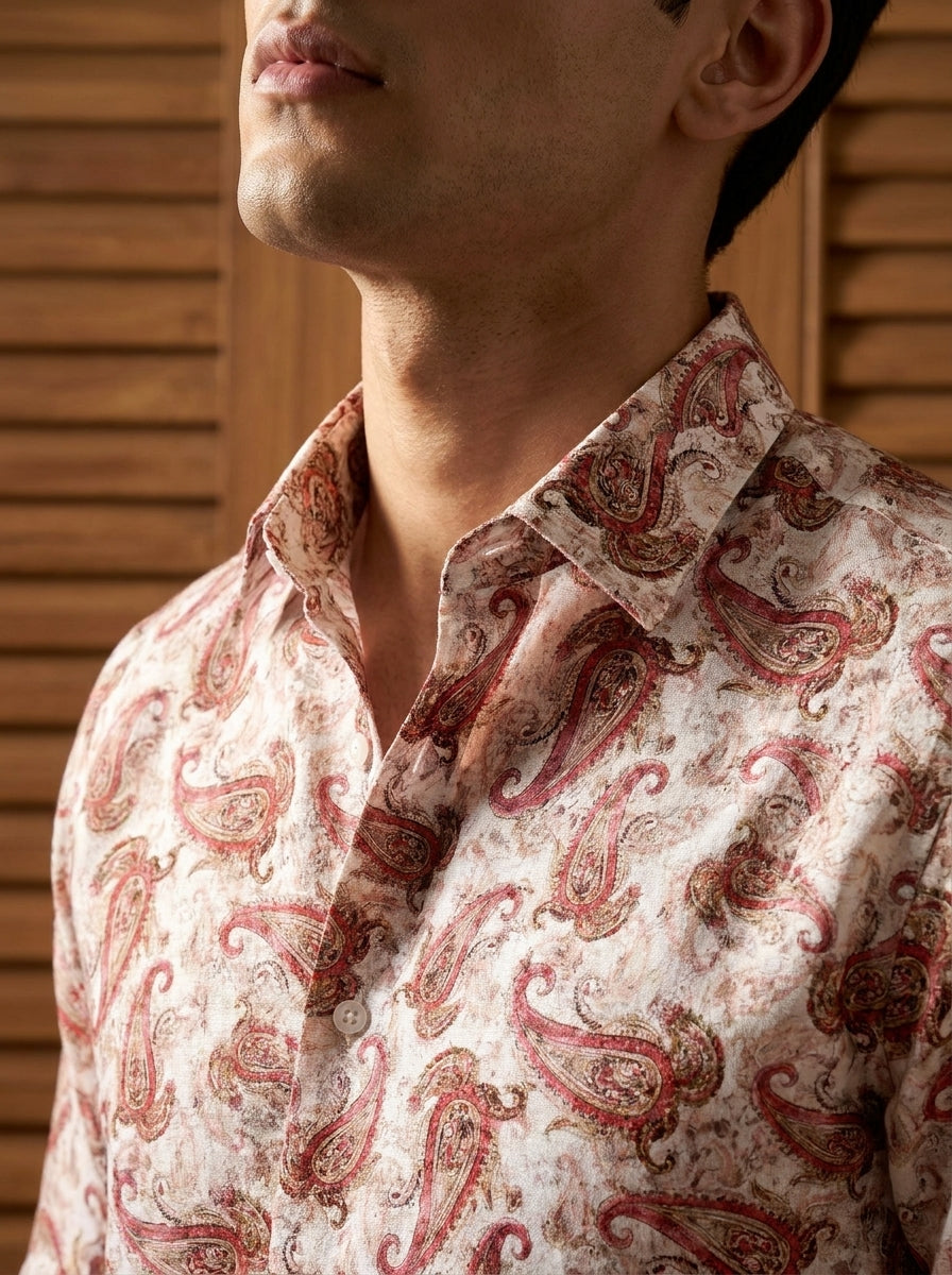 Cream And Red Paisley Printed Full Sleeve Shirt