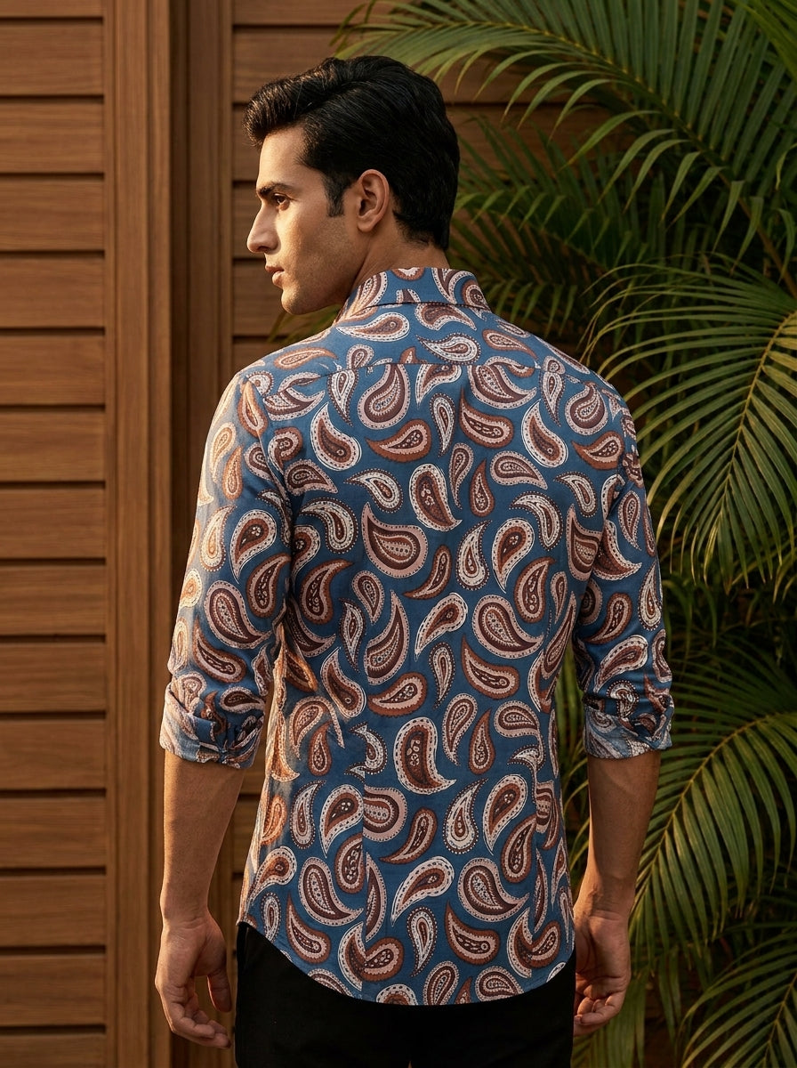 Royal Blue Paisley Printed Full Sleeve Shirt