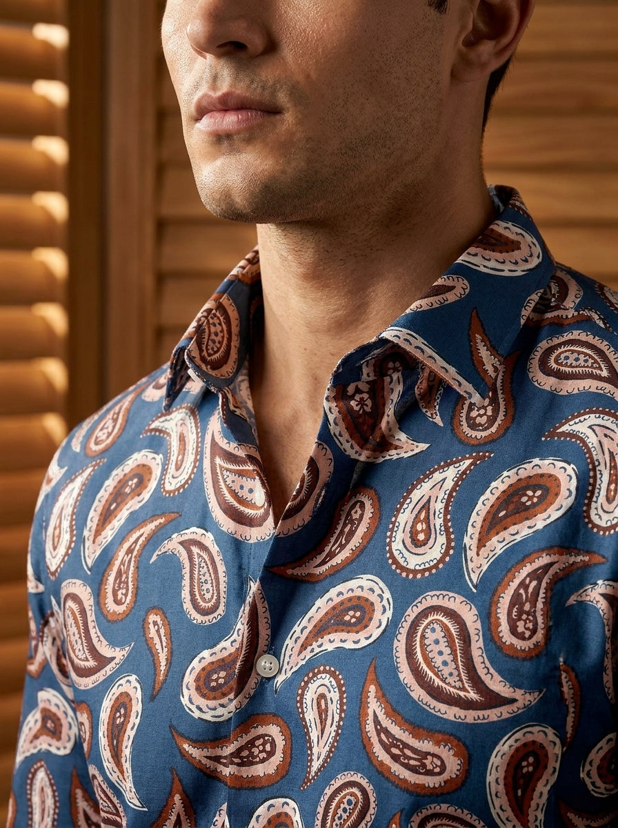 Royal Blue Paisley Printed Full Sleeve Shirt