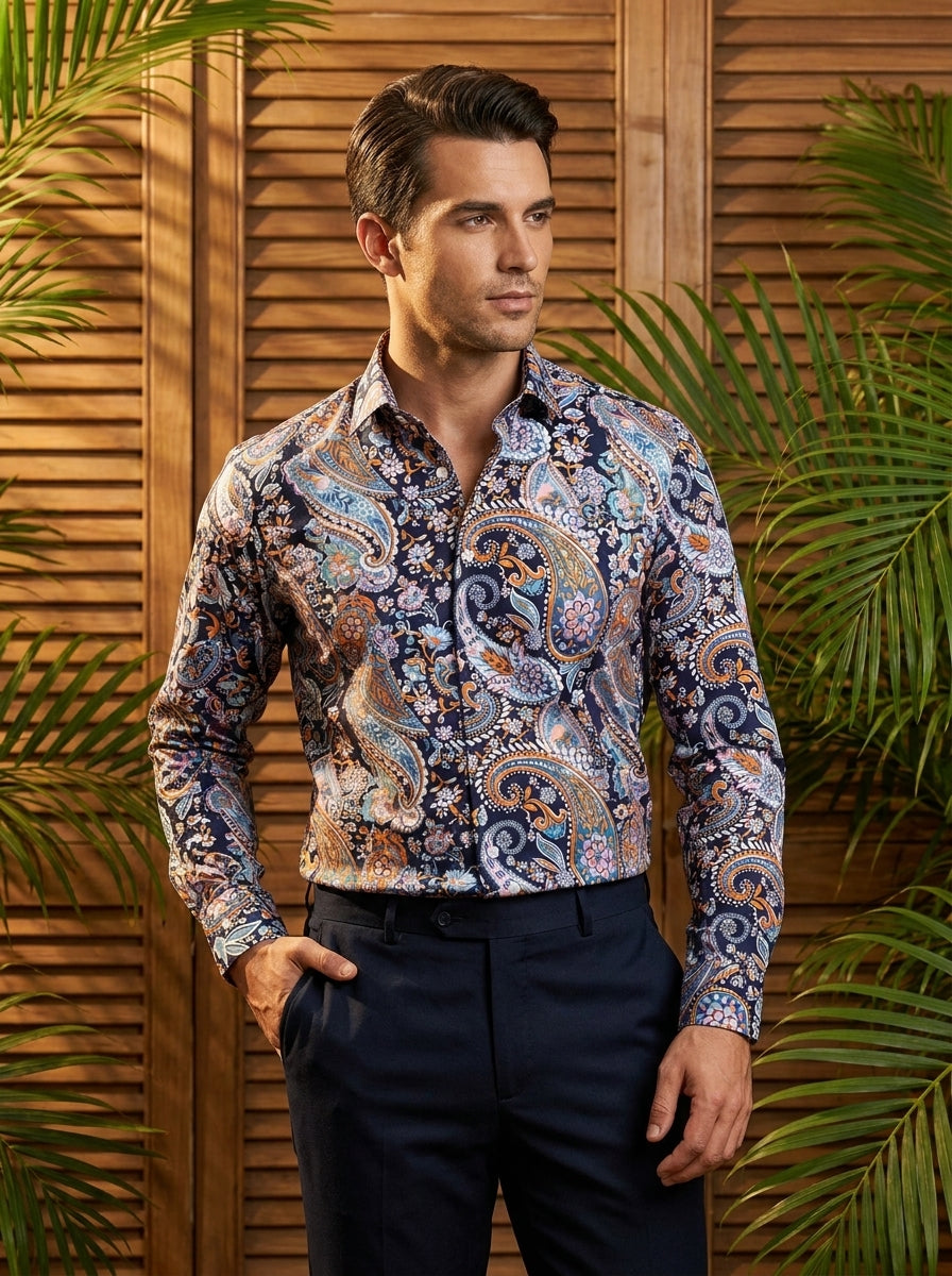 Navy Blue Paisley Printed Full Sleeve Shirt