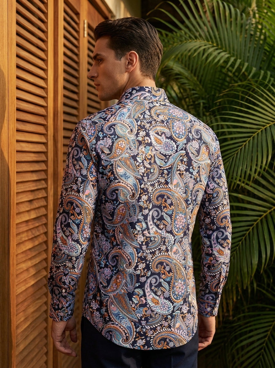 Navy Blue Paisley Printed Full Sleeve Shirt