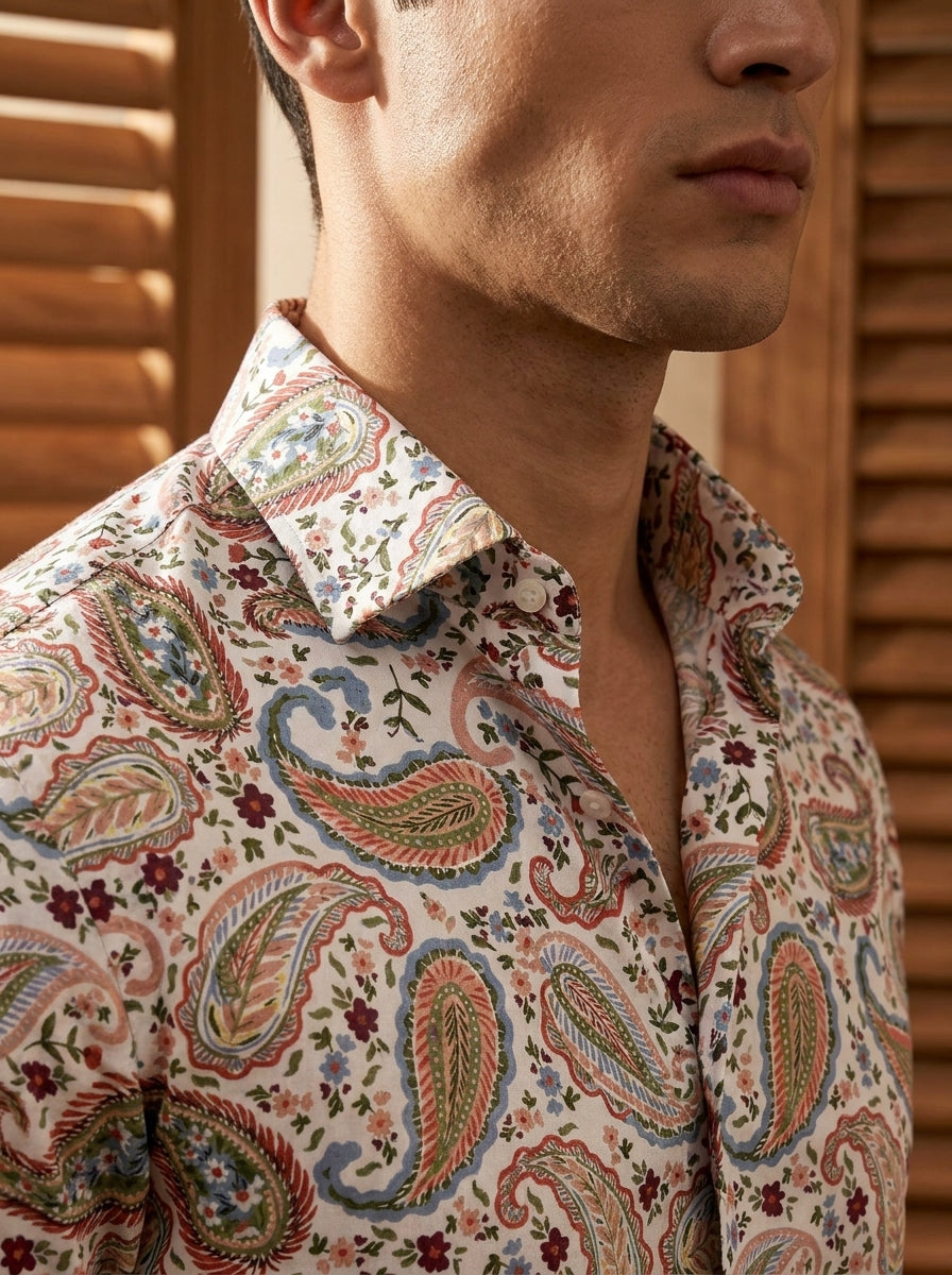 White Paisley Printed Full Sleeve Shirt