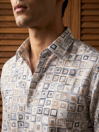 White Block Printed Full Sleeve Shirt