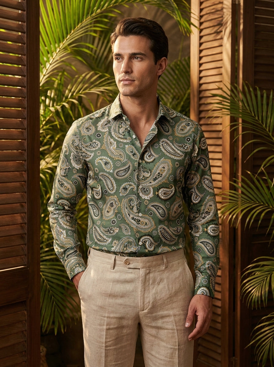 Green Paisley Printed Full Sleeve Shirt