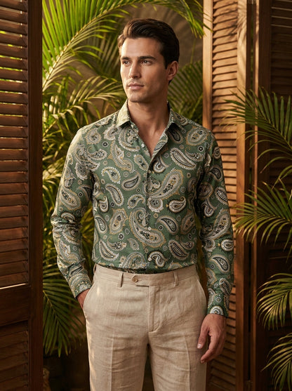 Green Paisley Printed Full Sleeve Shirt
