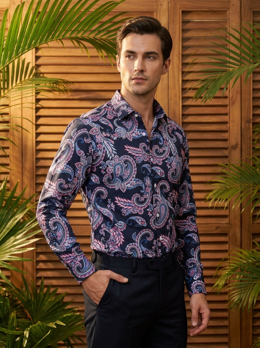 Navy Blue Paisley Printed Full Sleeve Shirt