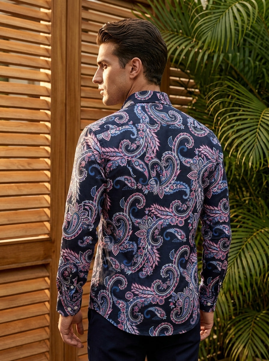 Navy Blue Paisley Printed Full Sleeve Shirt