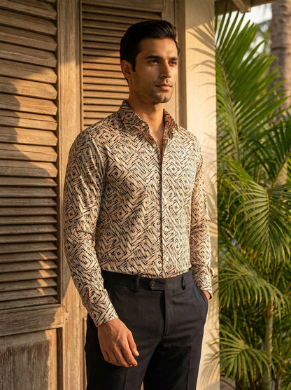 Brown Abstract Printed Full Sleeve Shirt