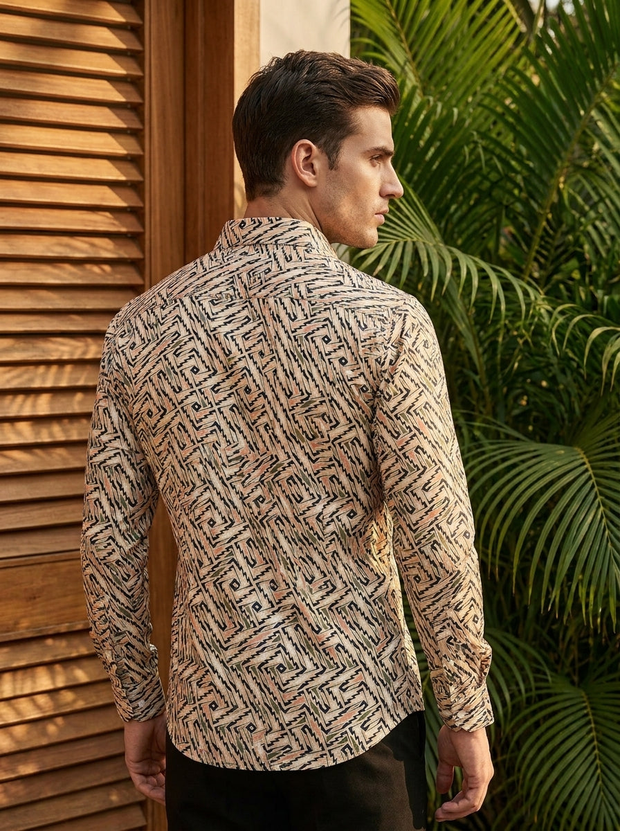 Brown Abstract Printed Full Sleeve Shirt