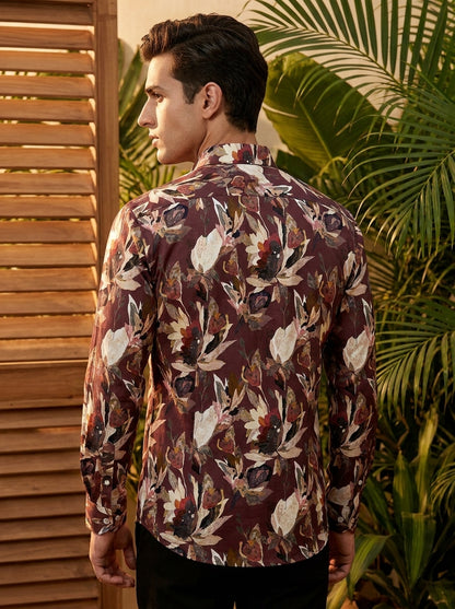 Brown Flower Printed Full Sleeve Shirt