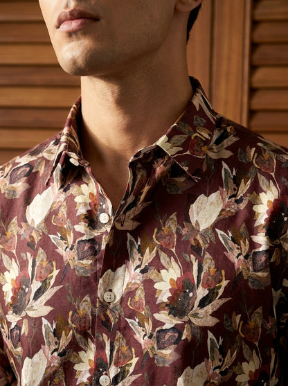Brown Flower Printed Full Sleeve Shirt