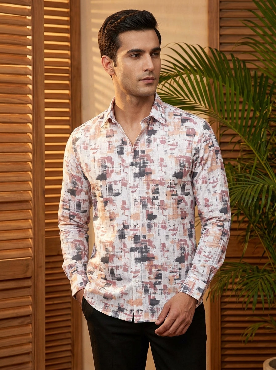 Cream And Pink Printed Full Sleeve Shirt