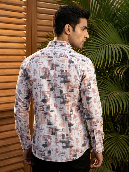 Cream And Pink Printed Full Sleeve Shirt