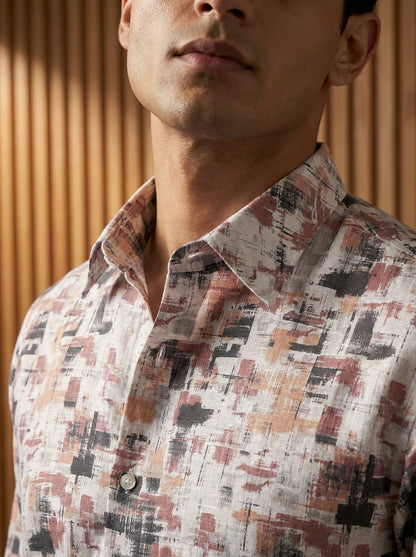 Cream And Pink Printed Full Sleeve Shirt