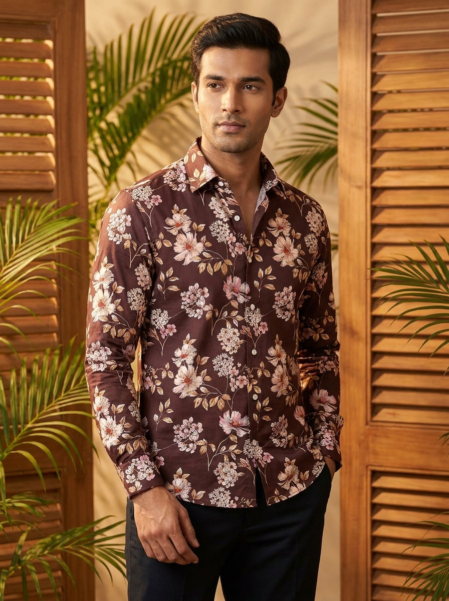 Marron Flower Printed Full Sleeve Shirt